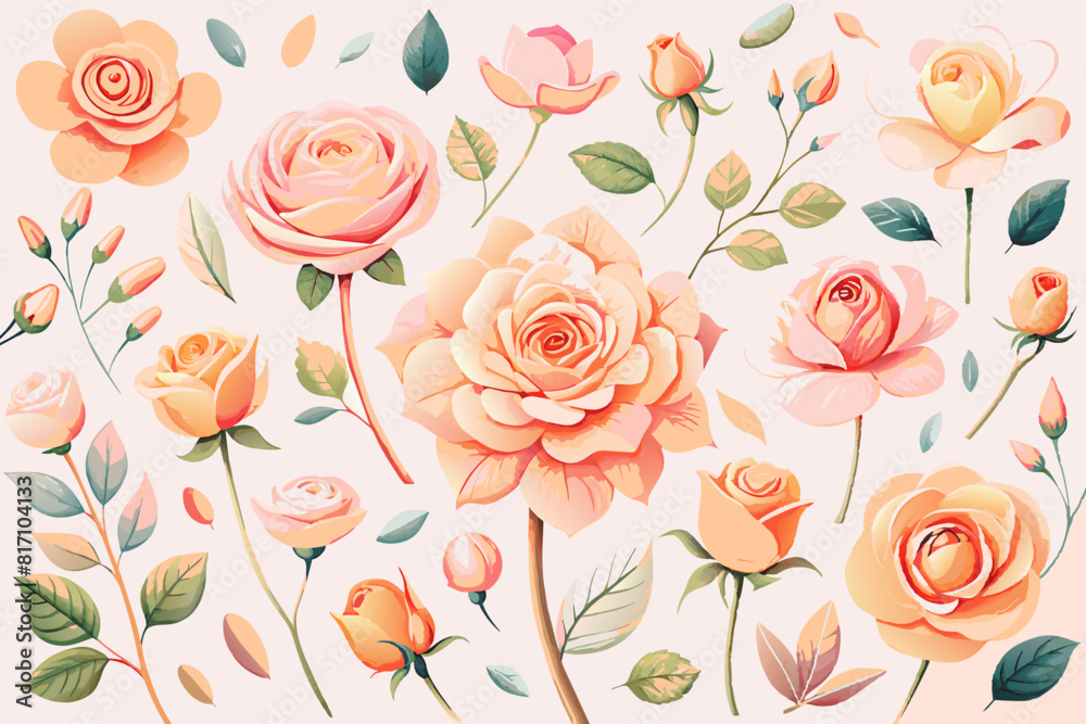 Peach rose flower watercolor seamless pattern