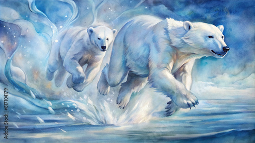 A dynamic painting showcasing the athleticism of polar bears as they race through icy waters  their sleek bodies streamlined for maximum speed