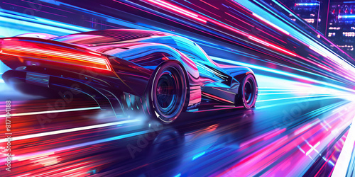 A futuristic car, sleek lines reflecting the neon glow of a cyberpunk city, speeds down a glistening highway.