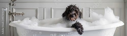 black goldendoodle in white Cambridge cast iron doubleended clawfoot tub photo