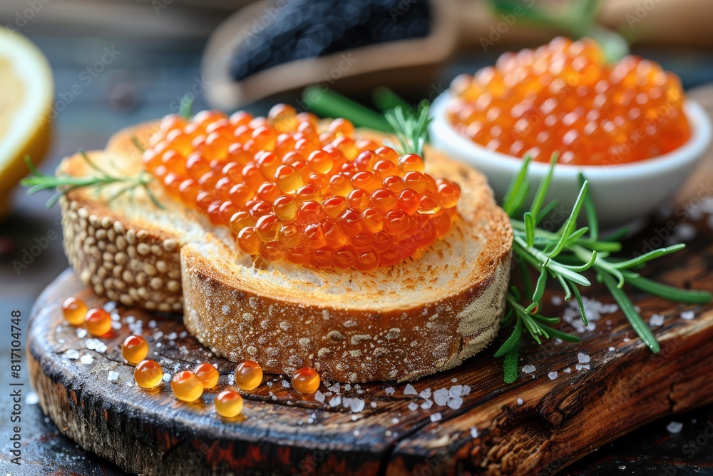 A stack of salmon and red caviar sandwich on the table A stack of salmon and red caviar sandwich on the table