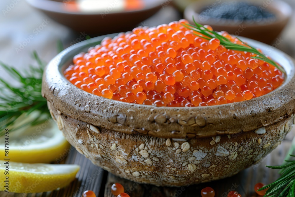 A stack of salmon and red caviar sandwich on the table A stack of salmon and red caviar sandwich on the table