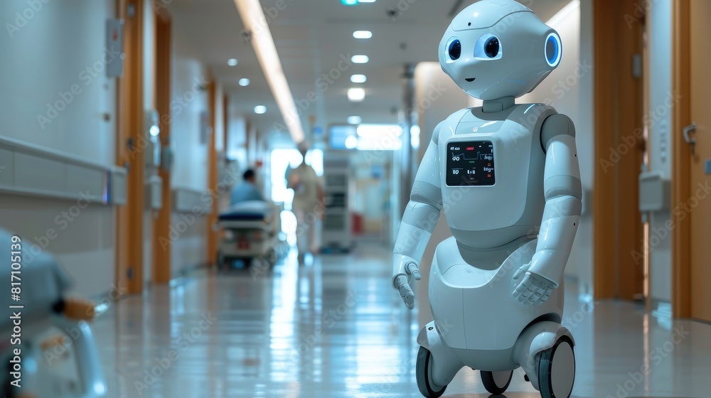 A healthcare robot in a modern hospital corrido, Automation for improved patient care A healthcare robot in a modern hospital corrido, Automation for improved patient care