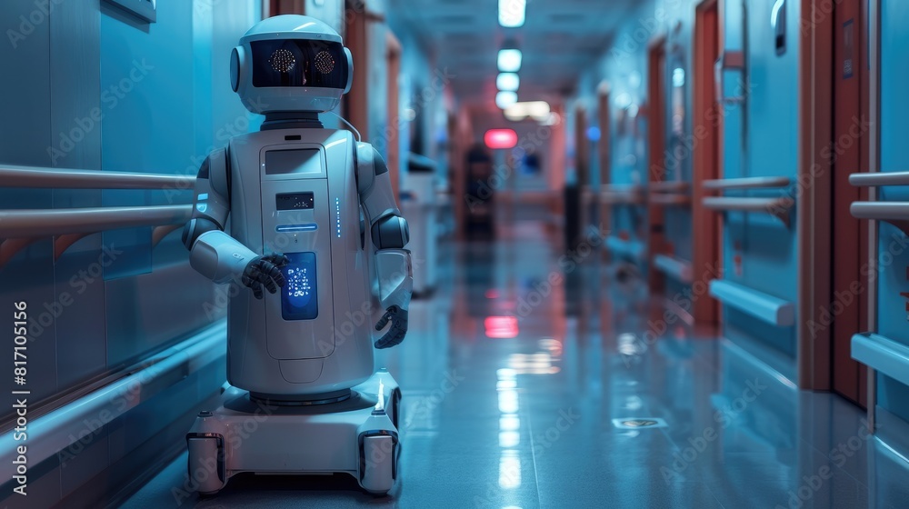 Obraz premium A healthcare robot in a modern hospital corrido, Automation for improved patient care