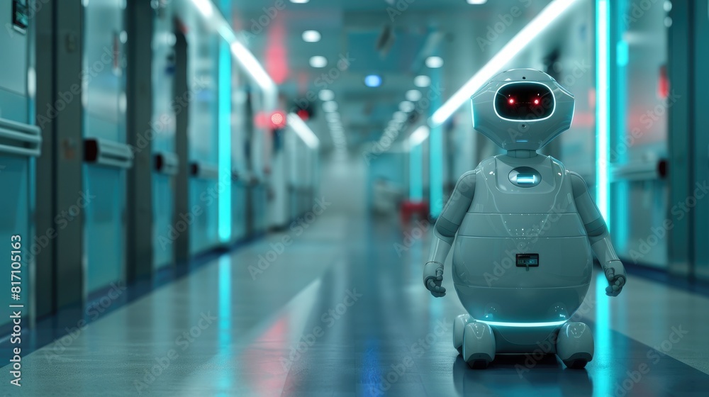 A healthcare robot in a modern hospital corrido, Automation for improved patient care A healthcare robot in a modern hospital corrido, Automation for improved patient care