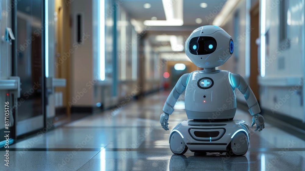 A healthcare robot in a modern hospital corrido, Automation for improved patient care A healthcare robot in a modern hospital corrido, Automation for improved patient care