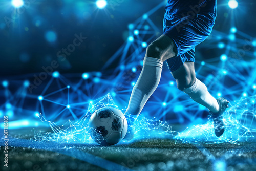 Soccer player in blue kicking ball on digitally enhanced field with blue light and network connections