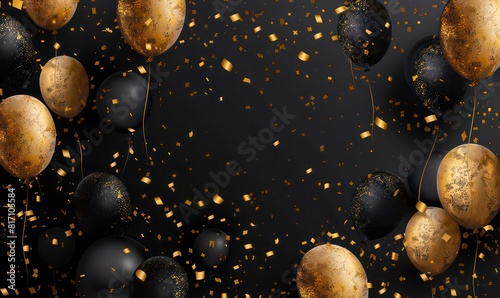 gold and black balloons wallpaper with amazing depth and realism, confetti festive ambiance