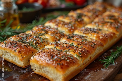Focaccia  A loaf of focaccia bread with a golden crust  sprinkled with rosemary and sea salt  with visible olive oil glistening on the surface.