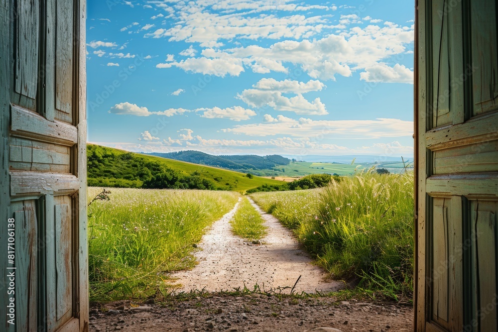 Fototapeta premium Pathway to Opportunity: An Open Door to a Bright Future Landscape
