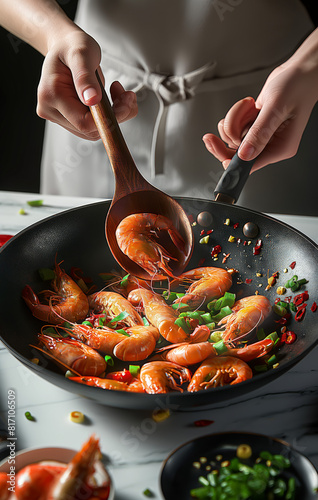 Stir-frying large fresh shrimps with garlic and chili in a hot pan. photo