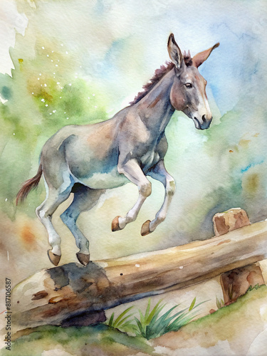 A beautiful watercolor illustration of mule jumping over a log  capturing the natural grace of these animals