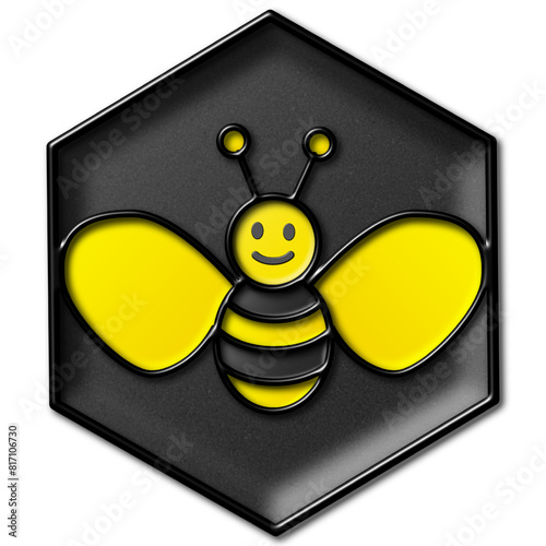 Enamel pin, badget honey bee on black polygon. Vector illustration. photo