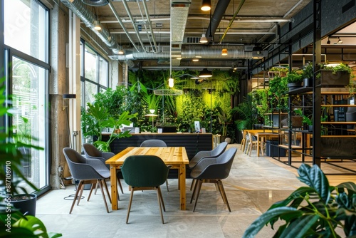 Innovative and Vibrant Open Workspace Design with Lush Greenery and Natural Light