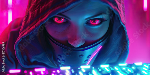 A Mysterious Cyberpunk Hacker, Illuminated by Soft Neon Light, Intently Navigating a Vintage Computer Keyboard
