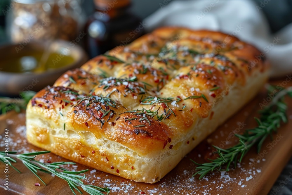 Focaccia: A loaf of focaccia bread with a golden crust, sprinkled with rosemary and sea salt, with visible olive oil glistening on the surface. Focaccia: A loaf of focaccia bread with a golden crust, sprinkled with rosemary and sea salt, with visible olive oil glistening on the surface.