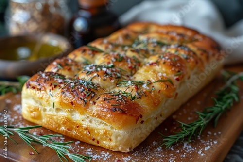 Focaccia: A loaf of focaccia bread with a golden crust, sprinkled with rosemary and sea salt, with visible olive oil glistening on the surface.