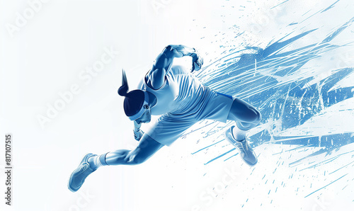 Break dance banner. Abstract silhouette of an athlete dancing break dance, blue and white colors, minimalism, illustration with copy space. Sketch for creativity.