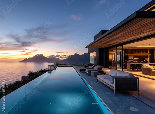 A modern luxury house with outdoor seating and a swimming pool overlooking the ocean at dusk in Cape Town  South Africa