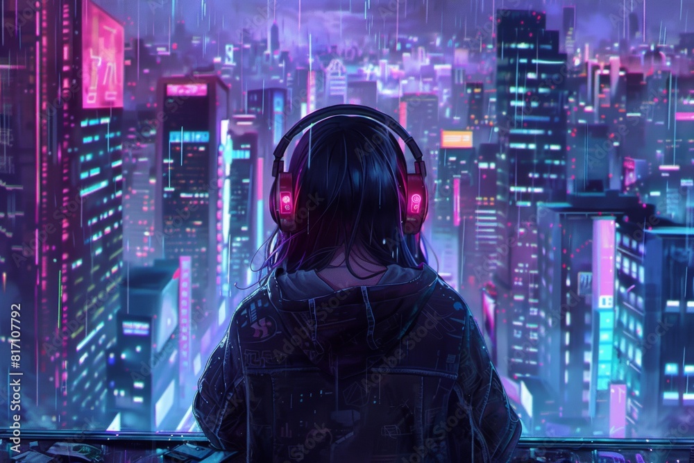 A girl in a black hoodie with headphones against a cyberpunk city background in the colorful, anime style of cartoon and anime art.