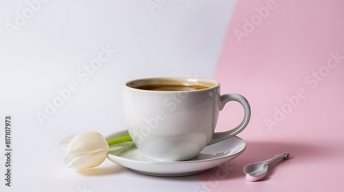 a cup of coffee  top view  on the sides of the photo and an oval bubble to write a text with a pastel background and the background of the color photo  mock up product - 1