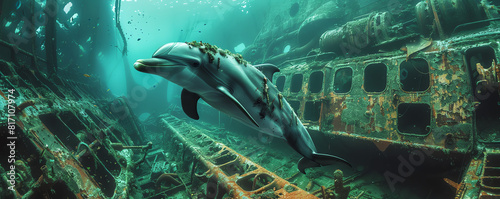 Craft a surreal underwater scene of marine life thriving amidst industrial wreckage