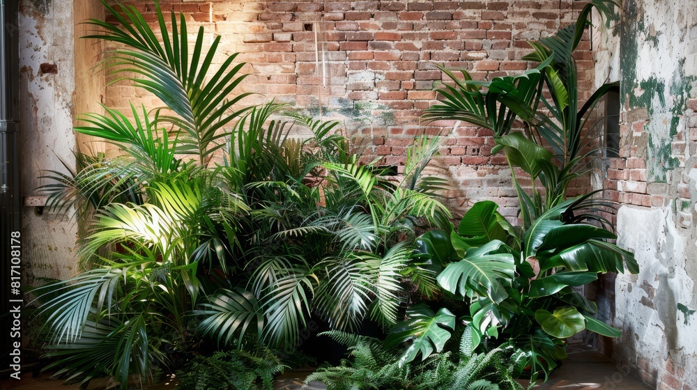 Indoor tropical plants in an urban loft, great for interior design or green living content.