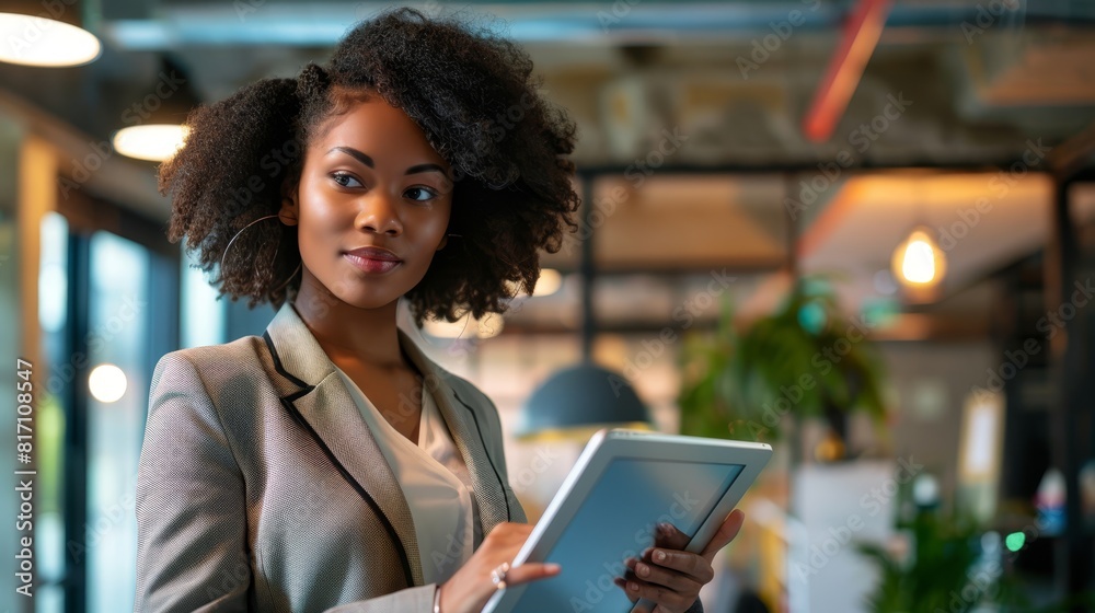 Smiling woman holding a tablet in a modern office setting, great for business, technology, and educational content. Smiling woman holding a tablet in a modern office setting, great for business, technology, and educational content.