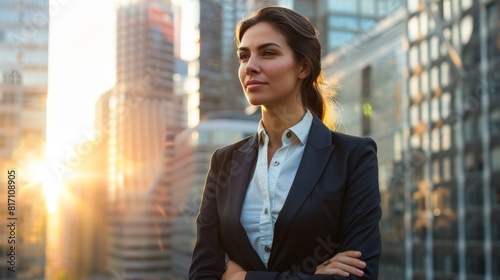 Confident businesswoman in a suit standing in a cityscape at sunset, ideal for corporate branding, website banners