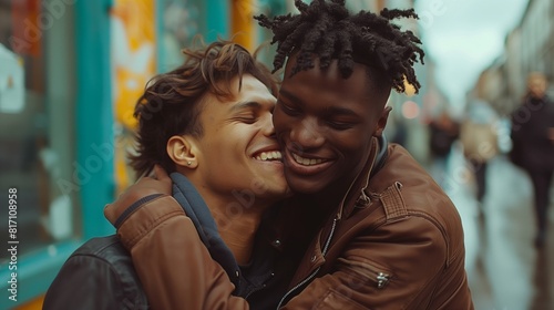 Two men, one Caucasian and one African American, embracing in a warm hug on a busy city street