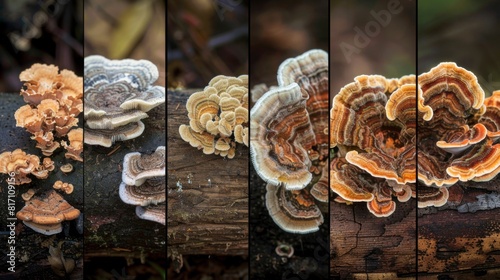 Shelf fungi in various stages of growth on a log, providing a detailed look at the lifecycle of these forest organisms. photo