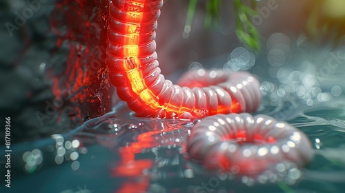   A close-up of a red caterpillar in water with a green plant in the background photo