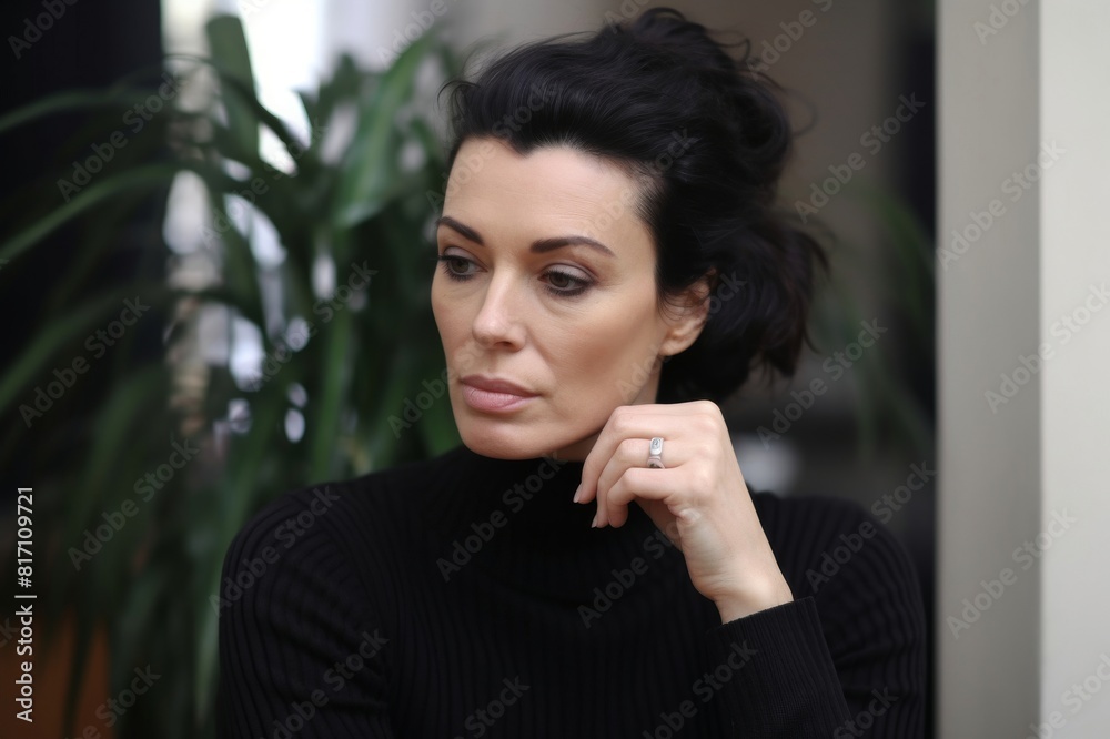 Portrait Adult Single Mother Wearing Black Turtleneck Feeling Sad And Tired At The City Cafe Portrait Adult Single Mother Wearing Black Turtleneck Feeling Sad And Tired At The City Cafe