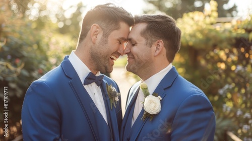 Two men in blue suits smiling and touching foreheads, captured in a warm, outdoor setting with soft sunlight. photo