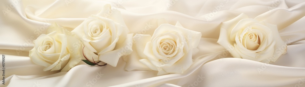 Cream white roses on luxury elegant white silk background with draperies Cream white roses on luxury elegant white silk background with draperies