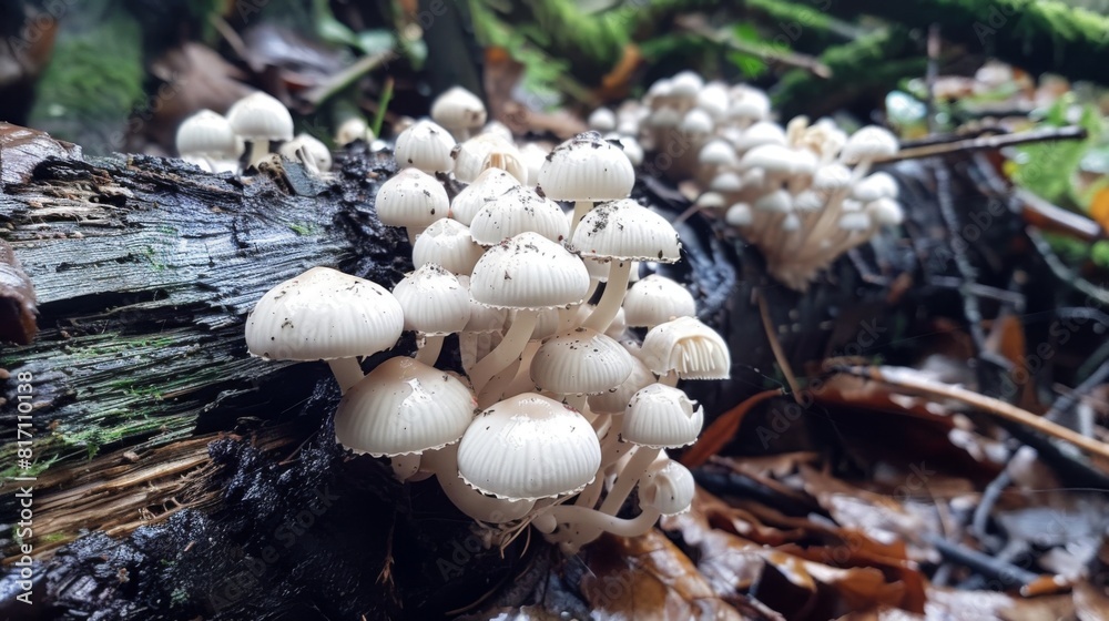 Small cluster of white mushrooms emerging from the bark of a fallen tree in a damp woodland setting. Small cluster of white mushrooms emerging from the bark of a fallen tree in a damp woodland setting.