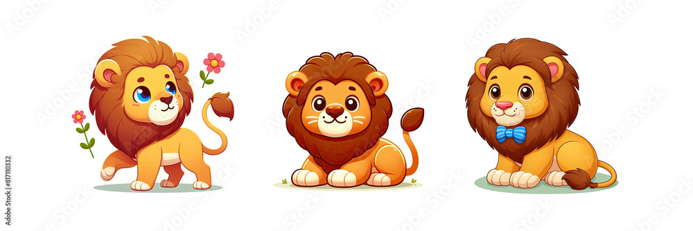 Fototapeta premium Set of illustration of Cartoon Lion Flat Vector, isolated over on transparent white background