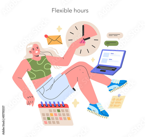Flexible Hours illustration Cheerful professional manages time efficiently with digital tools in a relaxed, home-based environment Vector illustration