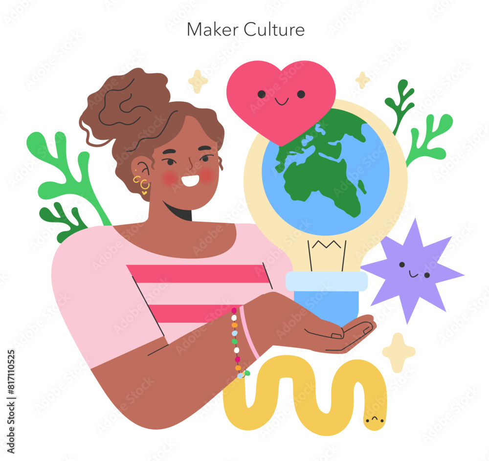 Maker Culture concept A joyful creator embodies the spirit of DIY, holding the world where innovation and love for crafting merge A celebration of creativity Vector illustration Maker Culture concept A joyful creator embodies the spirit of DIY, holding the world where innovation and love for crafting merge A celebration of creativity Vector illustration