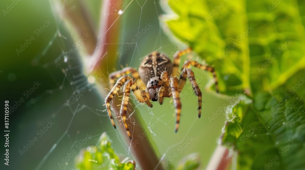 Small spider spinning a web between two leaves, showcasing its intricate craftsmanship. Small spider spinning a web between two leaves, showcasing its intricate craftsmanship.