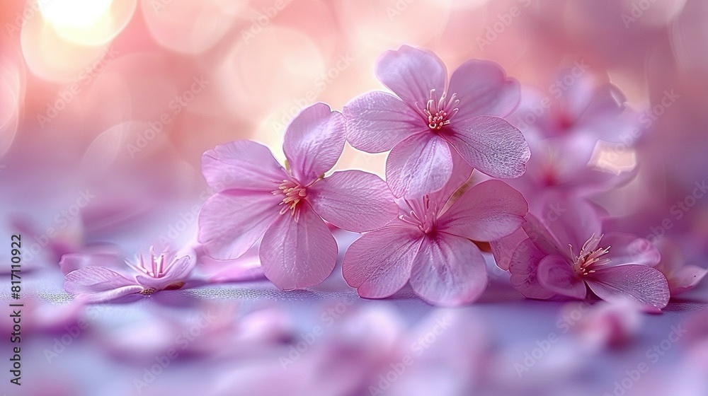 A cluster of pink blossoms resting on a blue tablecloth, surrounded by pink flower petals and a hazy backdrop A cluster of pink blossoms resting on a blue tablecloth, surrounded by pink flower petals and a hazy backdrop