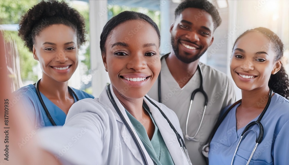 Doctor, selfie and group with smile for social media and profile picture in hospital. Healthcare, nurse staff and clinic with teamwork Doctor, selfie and group with smile for social media and profile picture in hospital. Healthcare, nurse staff and clinic with teamwork