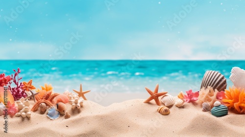 Coral reef pieces against a sandy beach backdrop