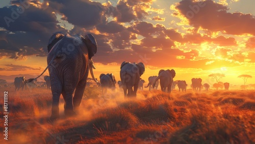 A herd of elephants in the savannah at sunset, with one elephant leading and the others following behind it, symbolizing community photo