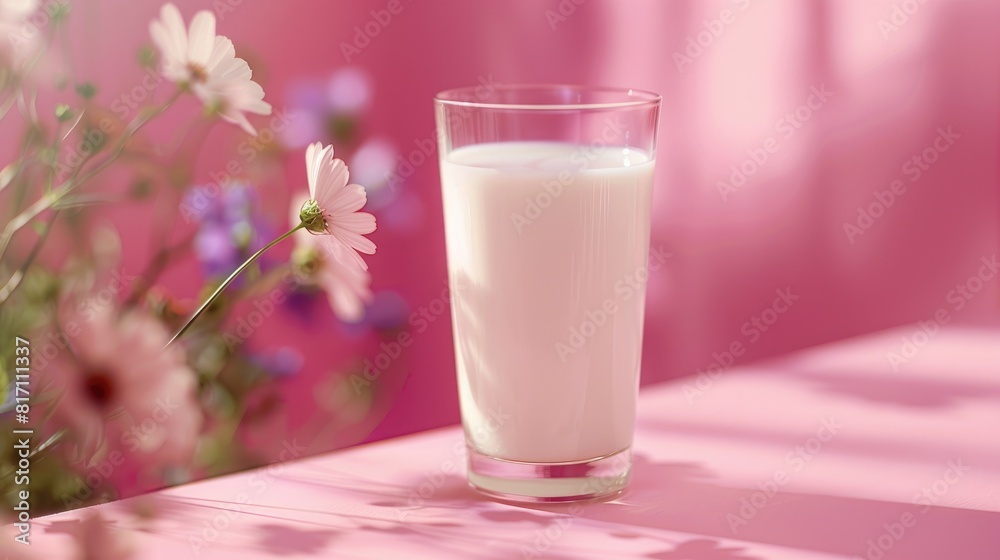 Celebrate World Milk Day with a charming display a glass of milk set against a delightful pink backdrop adorned with a lovely pattern Celebrate World Milk Day with a charming display a glass of milk set against a delightful pink backdrop adorned with a lovely pattern