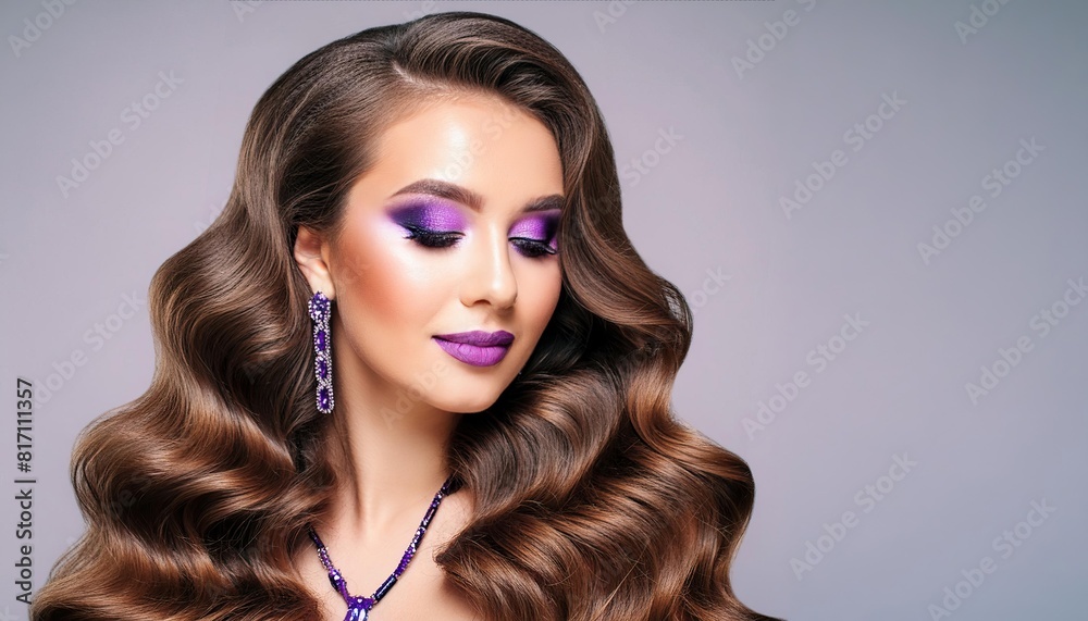 Face of a beautiful woman with long brown curly hair. Fashion model with wavy hairstyle. Attractive young girl with curly hair posing at studio. Female face with purple makeup Face of a beautiful woman with long brown curly hair. Fashion model with wavy hairstyle. Attractive young girl with curly hair posing at studio. Female face with purple makeup