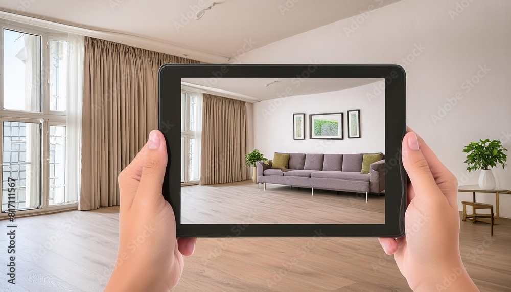 Hand holding a tablet displaying an image of a well-decorated, cozy living room Hand holding a tablet displaying an image of a well-decorated, cozy living room