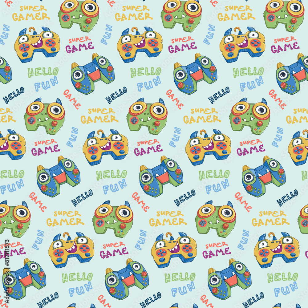 Monsters gamepad seamless pattern with pixel text. Cartoon joystick ...