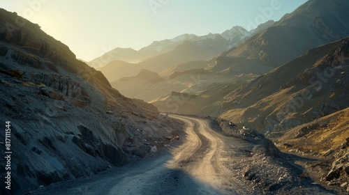 Sunrise illuminating a winding mountain road, casting long shadows across the rugged terrain.