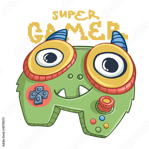 Monster gamepad cartoon character with pixel text. Game pad print monster with horn and smiling face. Game pad t shirt design on white background